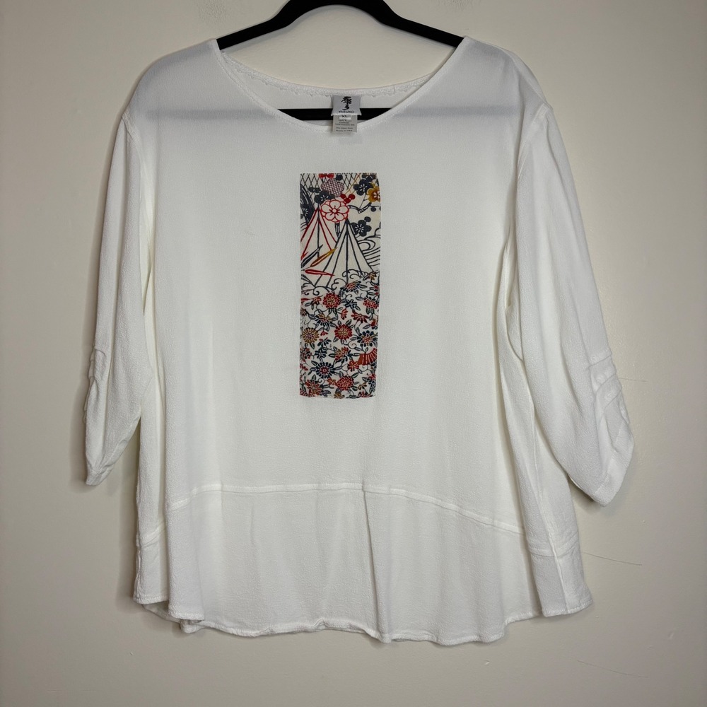 Yasuko Kimono Silk‎ Contrast White Top Blouse XL Extra Large Lagonlook